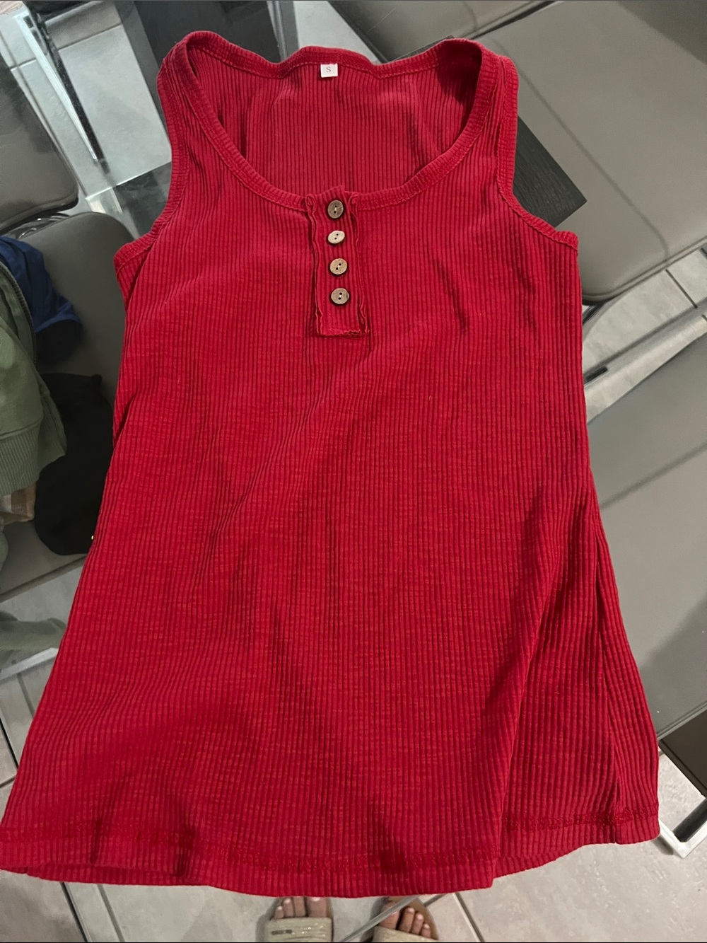 SHEIN Red Ribbed Tank with Button Placket